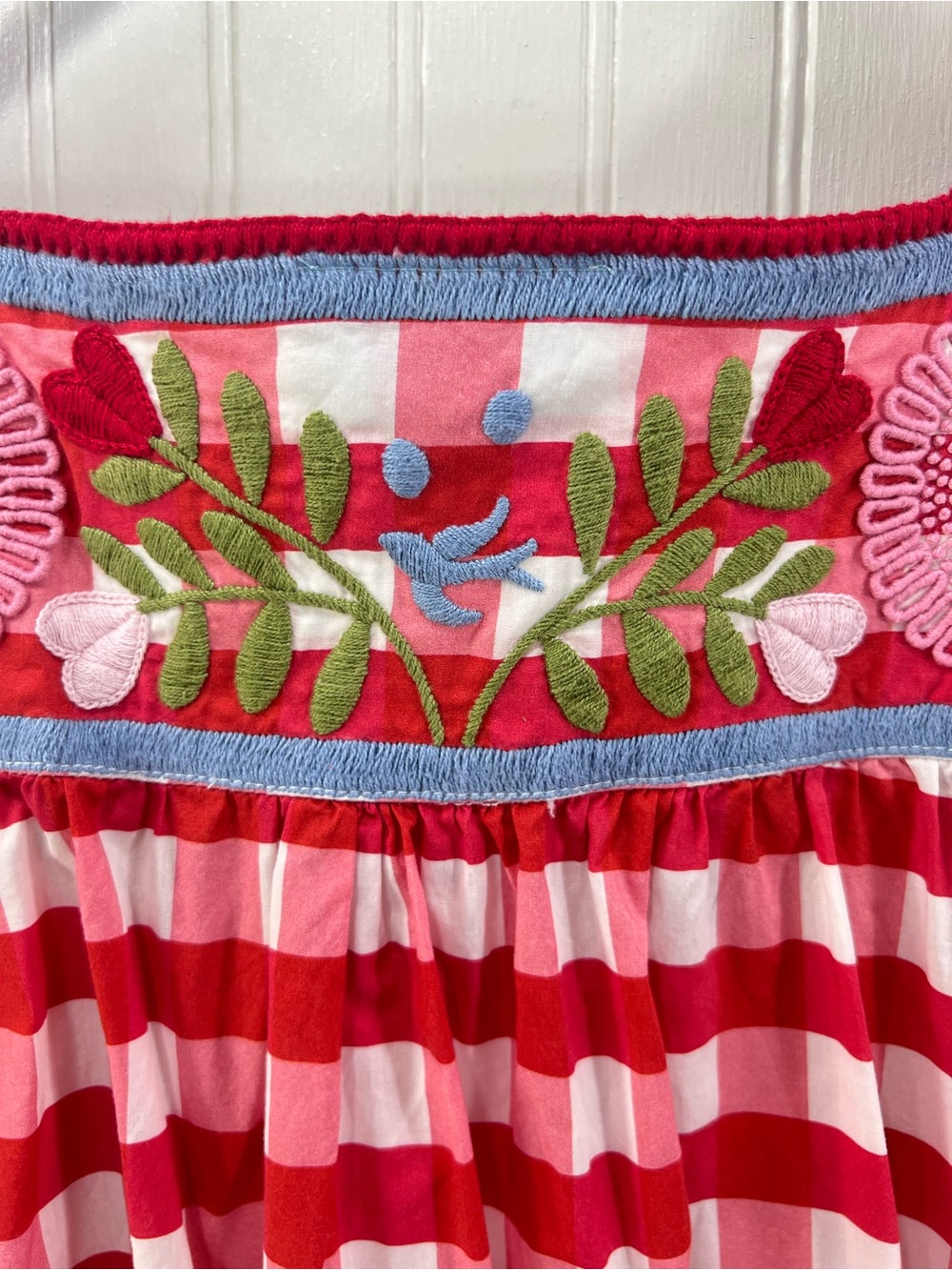 Mi Golondrina Red Pink and White Gingham Embroidered Peasant Short Dress XL - Picture 3 of 7